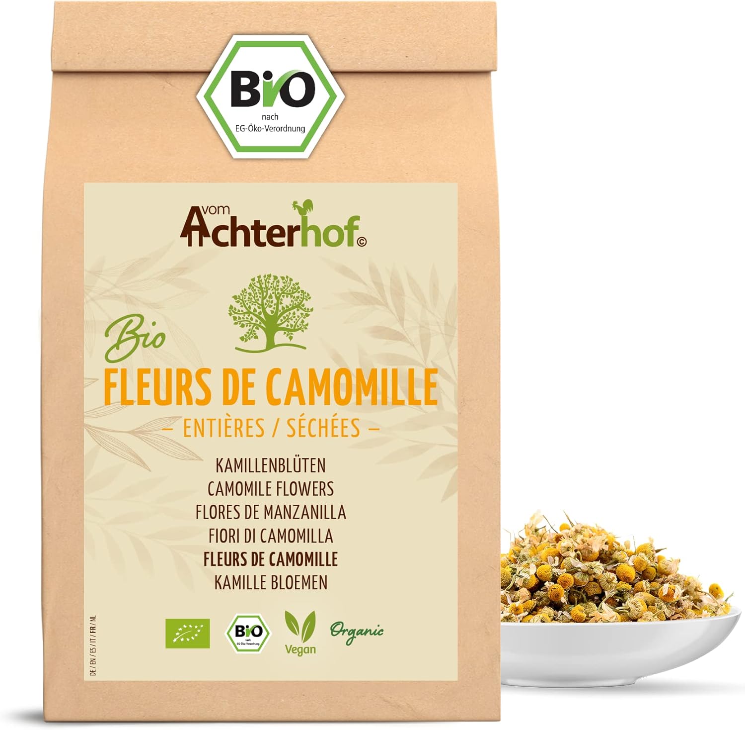 Fleurs de camomille biologique 1000g - entières et séchées - en qualité biologique - thé de camomille de fleurs entières - 100% naturel - goût légèrement amer et délicat - vom Achterhof 1000 g (Lot de 1)