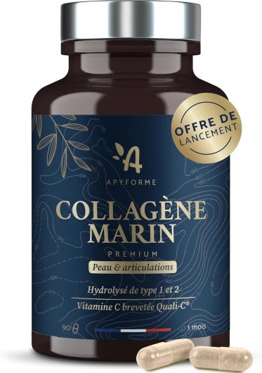 Collagene Marin + Acide Hyaluronique - Peau et Articulations - Enrichi en Vitamine C - Collagène Premium Hydrolisé Type 1 et 2-90 Gélules - Fabriqué en France par Apyforme Collagène Marin