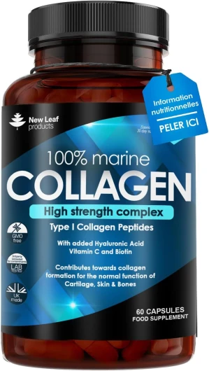 Collagène Marin Pur de Type 1, Peptides de Collagène Hydrolysés Enrichis en Acide Hyaluronique et Vitamine C, Acides Aminés Essentiels, Compléments pour Femmes et Hommes, 60 Gélules