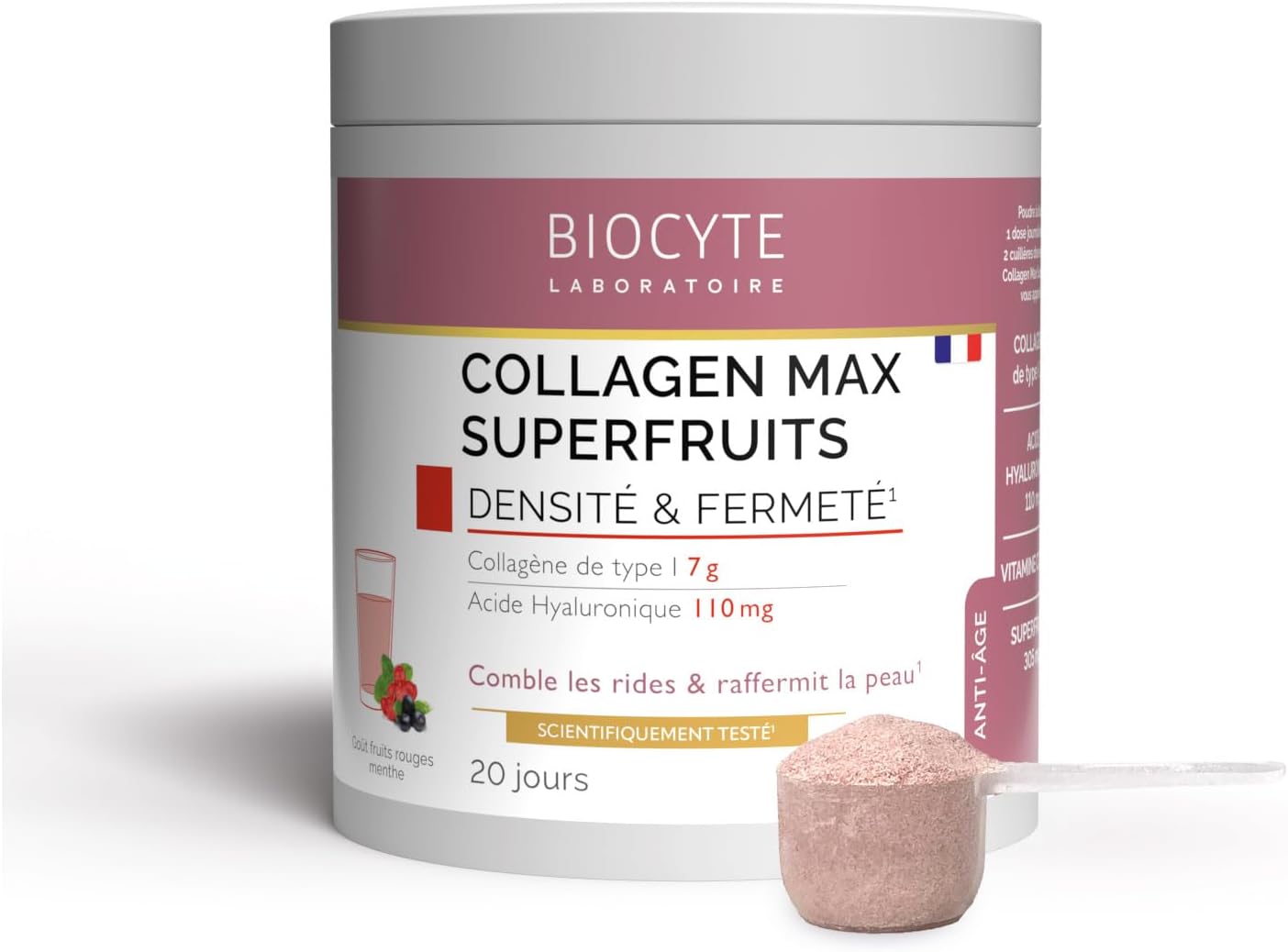 BIOCYTE Collagen Max Superfruits - Complément Alimentaire Anti-Âge Jeunesse de la Peau - Collagène, Acide Hyaluronique, Açai, Acérola, Vitamine C - 20 jours de prise