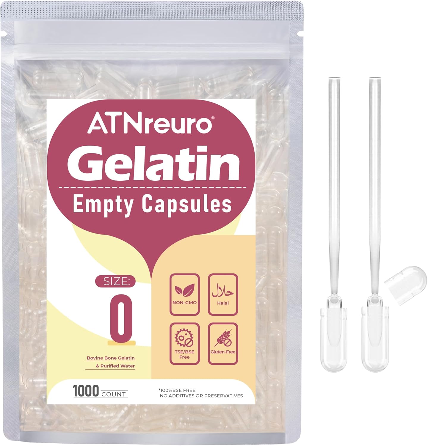 ATNreuro Gélules de Gélatine Vides Taille 0 (1000 unités) - Capsule Gelatine Transparente à Remplir avec 2 Micro Cuillère - Idéales pour Vitamines et Compléments