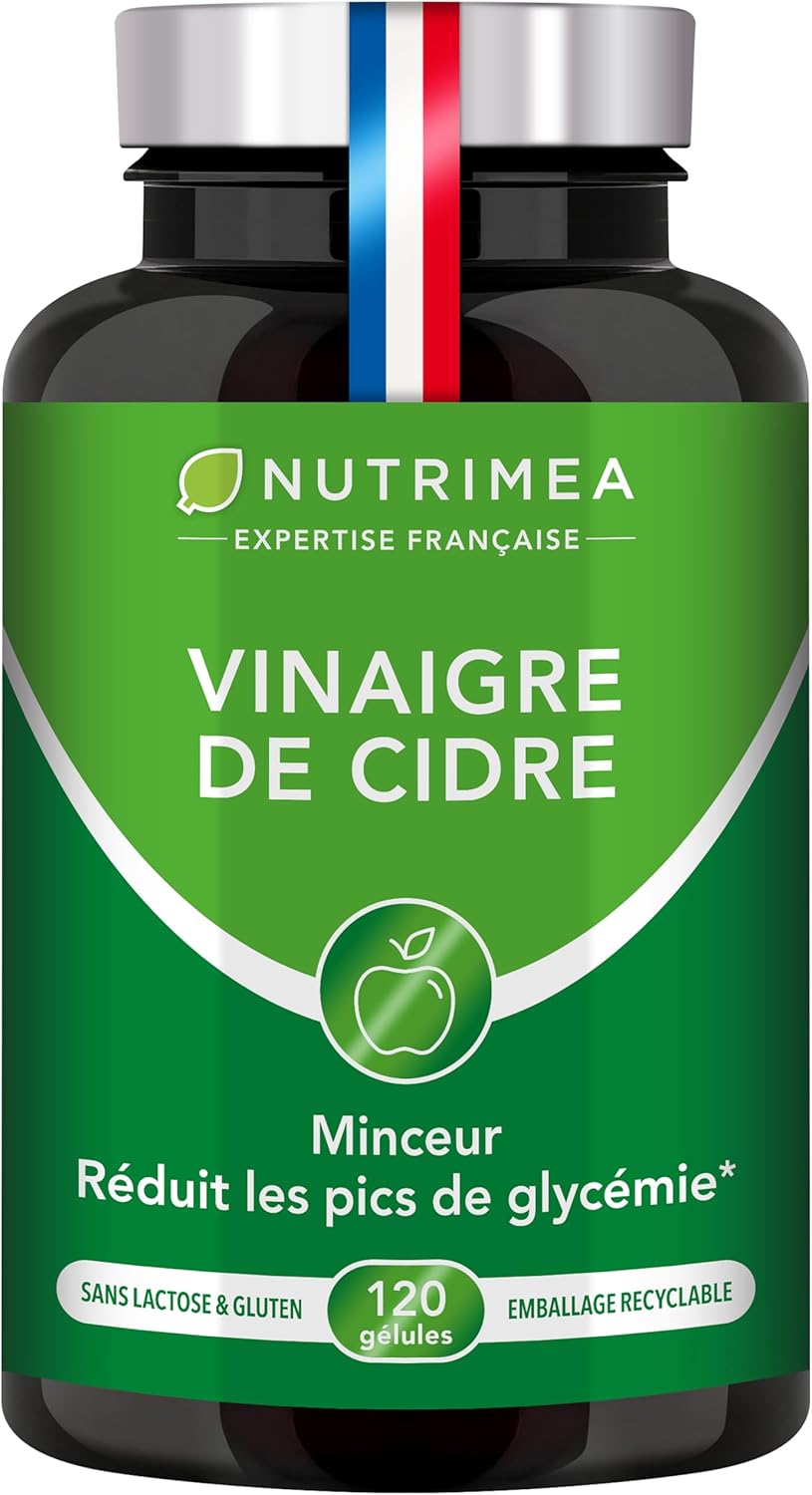 Vinaigre de Cidre - 1500 mg - Avec Chrome - Aide à la Perte de Poids, Contrôle du Taux de Sucre Sanguin - Alternative au Morosil - Goût Neutre - 120 Gélules Vegan - Nutrimea - Fabriqué en France Vert
