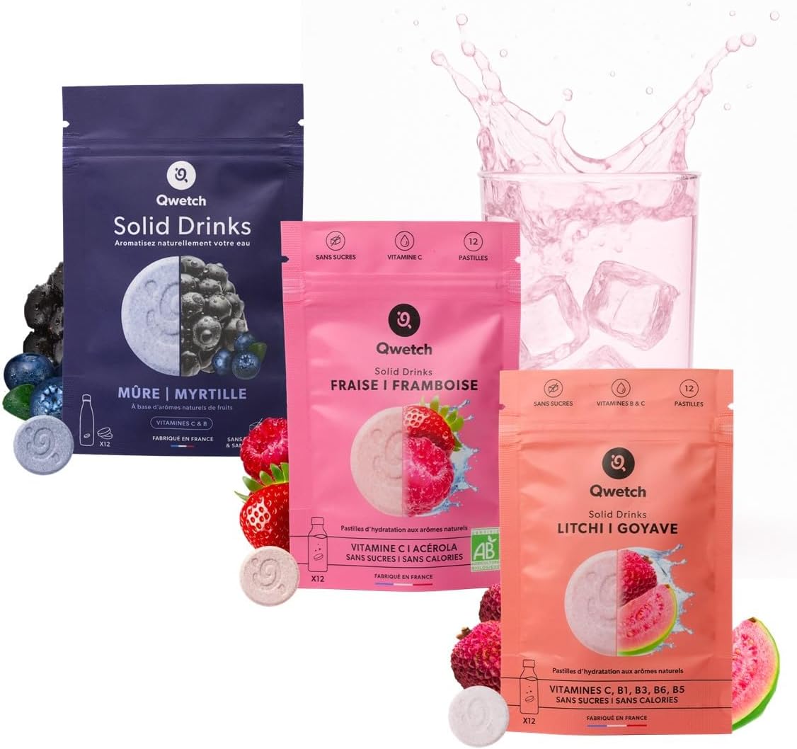 SOLID DRINKS – 36 Pastilles d'hydratation avec Vitamines C & B – Boisson Sans Sucres – Saveurs Fraise&Framboise, Mûre&Myrtille, Litchi&Goyave – Vegan, Zéro Calories, Fabriqué en France