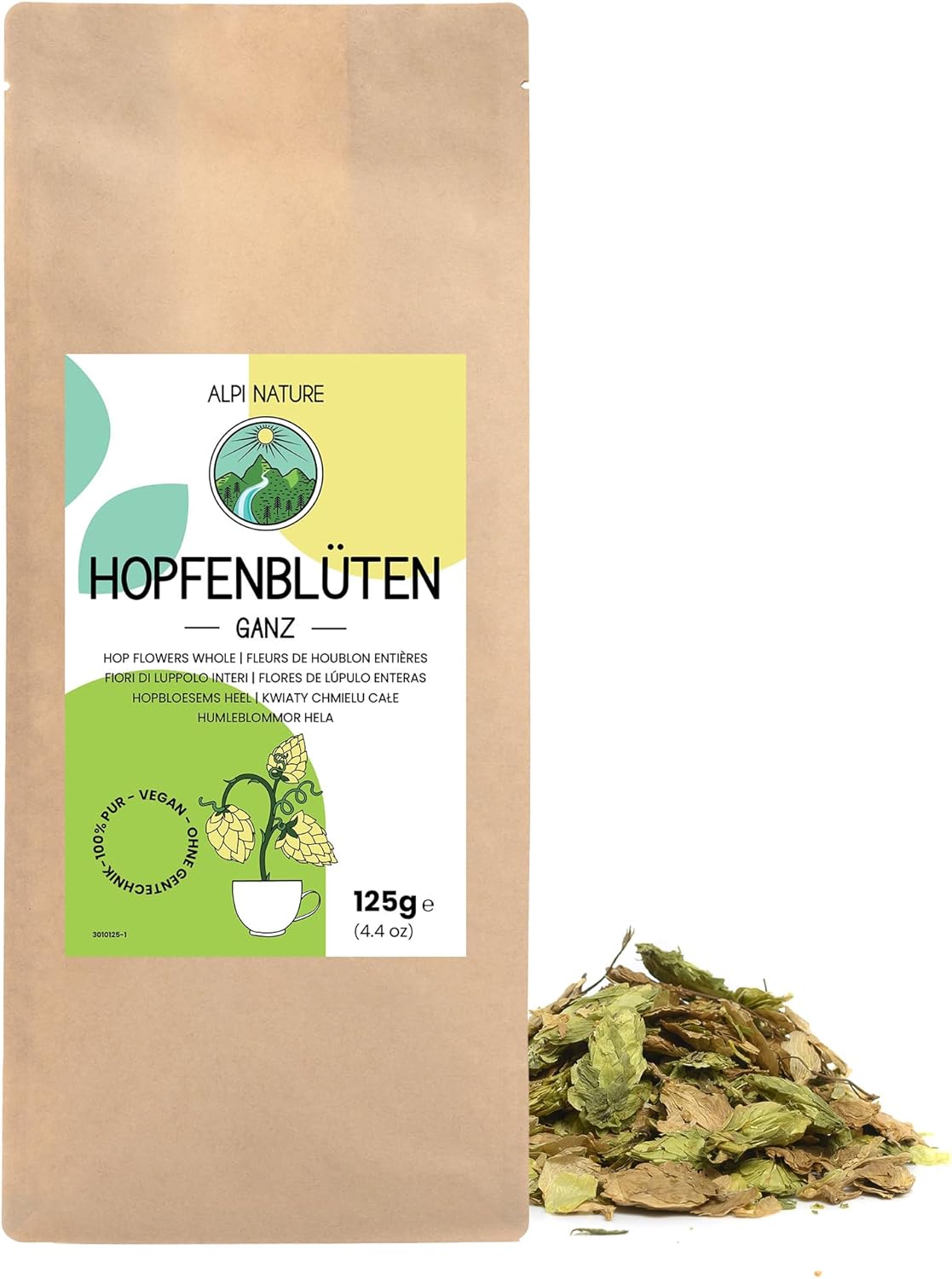 Houblon Entier 125g par Alpi Nature, Pétales de Houblon Entiers Séchés, Humulus Lupulus, Tisane en Vrac