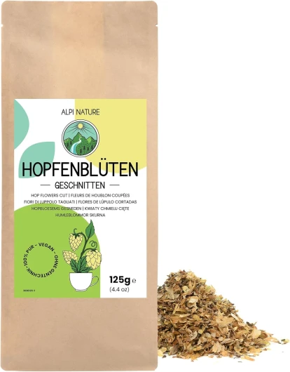 Houblon Coupé 125g par Alpi Nature, Pétales de Houblon Séchés et Coupés, Humulus Lupulus, Tisane en Vrac