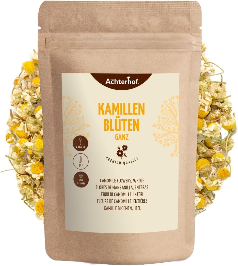 Fleurs de camomille 1000g - entières et séchées - tisane de camomille de fleurs entières - 100% naturelle - goût légèrement amer et doux - sans additifs - vom Achterhof 1 kg (Lot de 1)