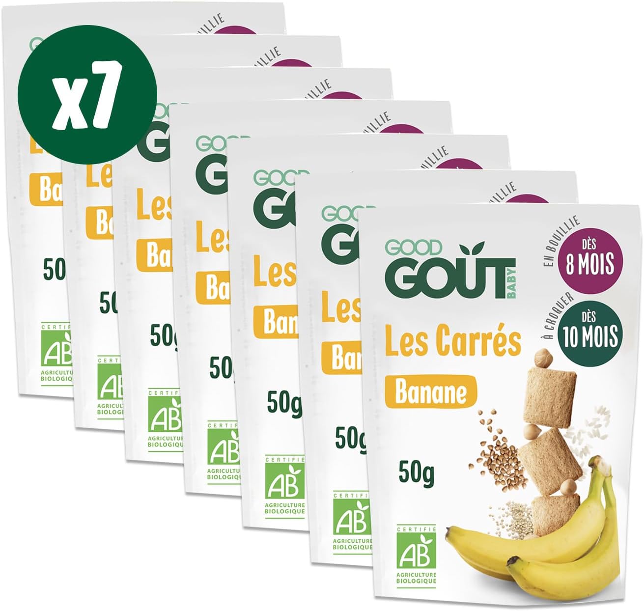 GOOD GOÛT - Les Carrés Banane - Biscuits Pour Bébé - Dès 8 Mois - Sans Gluten - Sans Sucres Ajoutés* - Sachets Refermables - 7x50g carré banane
