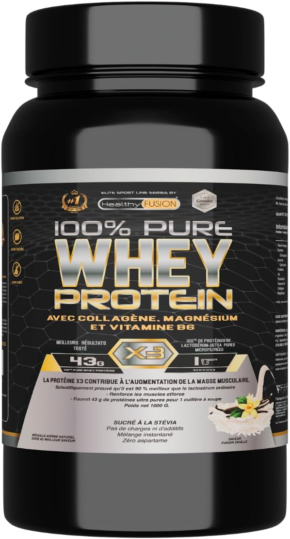 , Whey Protein - Protéine de petit-lait pure avec Collagène + Magnésium - Tonifie et développe la masse musculaire - Améliore vos entraînements - 1000g de protéines (vanille)