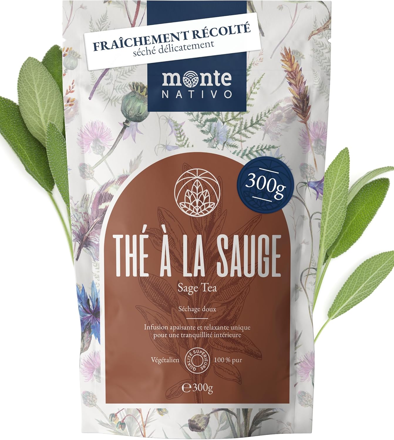 Tisane sauge Monte Nativo (300g) - Feuille de sauge - Thé en vrac - 100% pur et naturel, sans additifs - Herbes à l'arôme intense pour la préparation d'une délicieuse tasse de tisane Tisane de sauge