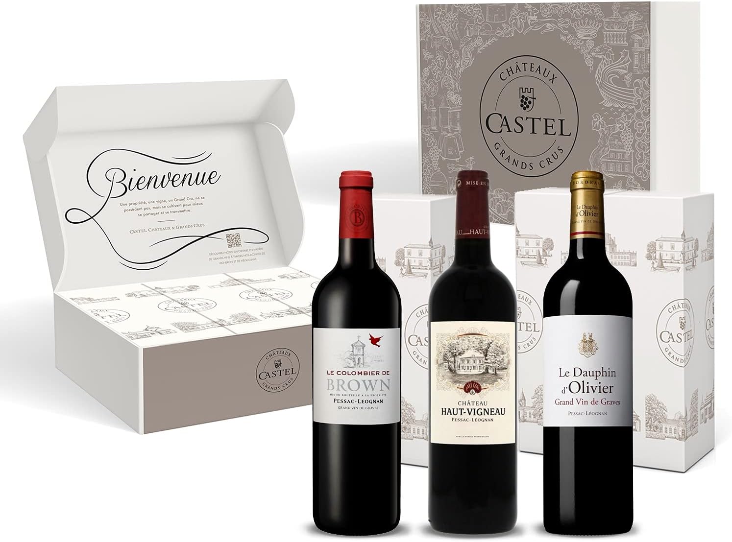 Coffret Cadeau - Vin Rouge - Coffret Grands Vins de Pessac Leognan : Chateau Haut-Vigneau - Colombier de Brown - Le Dauphin d'Olivier - 3x75cl
