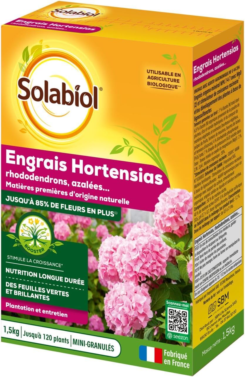 Engrais Hortensias, Rhododendrons, Azalées et Camélias - 100% Organique - Nutrition longue durée - 1,5 Kg - Jusqu’à 85% de fleurs en plus - SORHOY15 Engrais 1,5kg