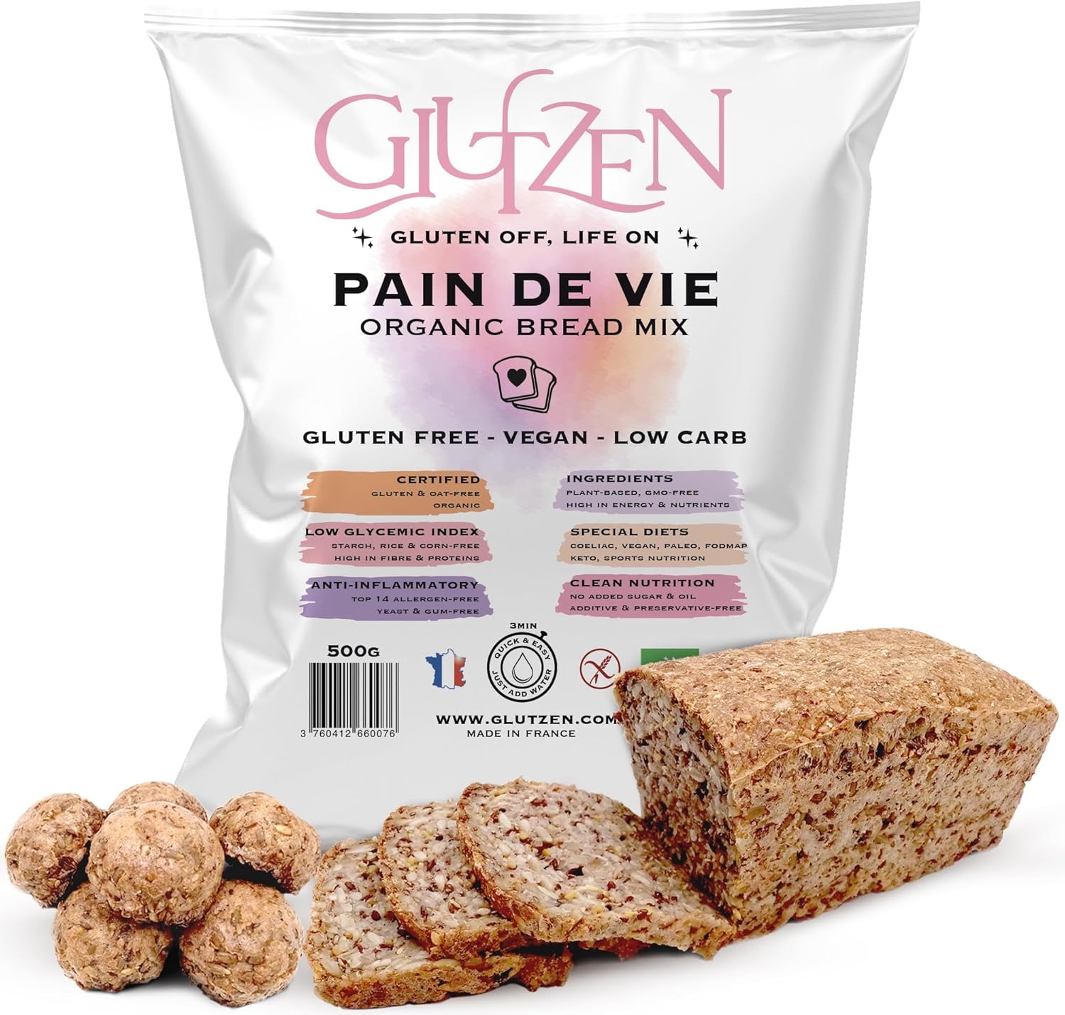 Préparation pour Pain Sans Gluten Bio GLUTZEN, Sans Machine à Pain - Mix Pain Complet Low Carb - Pain de Graines Nutritif Sain Prêt en 3Min - Cœliaque, IG Bas, Keto, Vegan, Sans Allergènes - (1x500g)