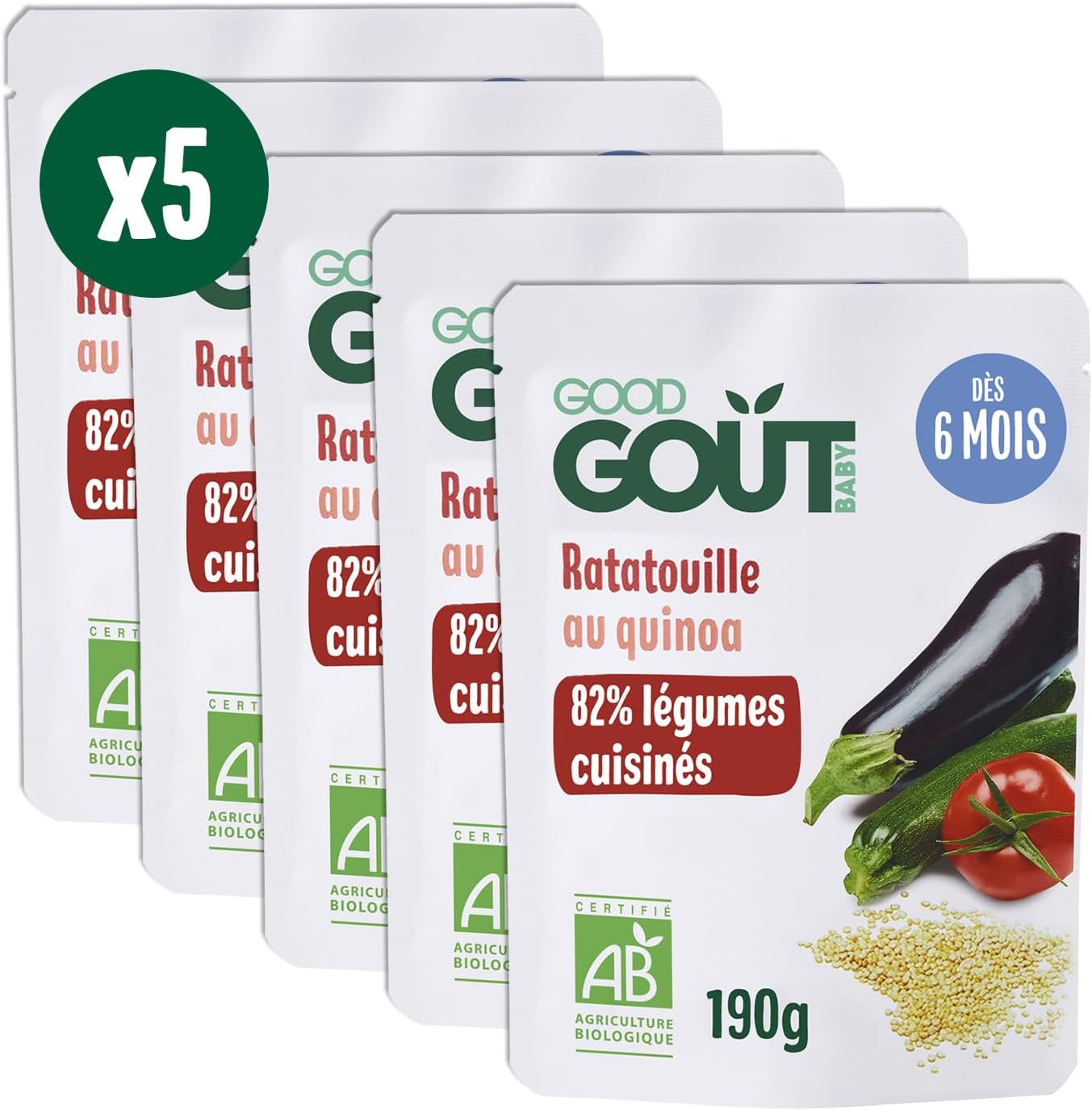 GOOD GOÛT - Ratatouille Au Quinoa - Légumes Cuisinés - Plat Cuisiné Pour Bébé - Dès 6 Mois - Purée Lisse - Fabriqué En France - Sachets Micro-Ondables - 5x190g 190 g (Lot de 5) Ratatouille quinoa
