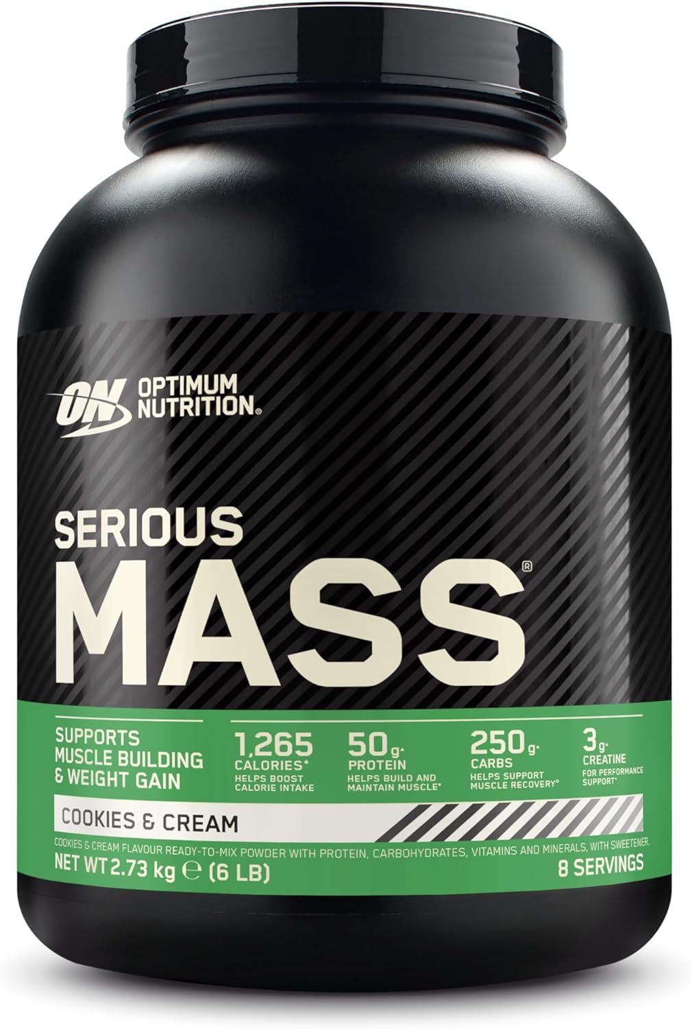 Serious Mass Poudre de Protéine Gain de Masse Hautement Calorique avec 25 Vitamines et Minéraux, Créatine Monohydrate et Glutamine, Saveur Cookies & Crème, 8 Portions, 2.73 kg