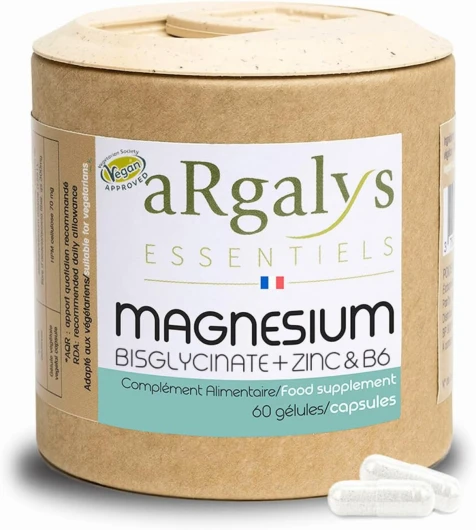 Magnésium Bisglycinate & Zinc Bisglycinate + Vitamine B6, Haute Teneur 300mg /j, Combat Fatigue - Stress, Biodisponibilité, 60 Gélules - Vegan, ZMA, Fabriqué en France, Argalys Essentiels