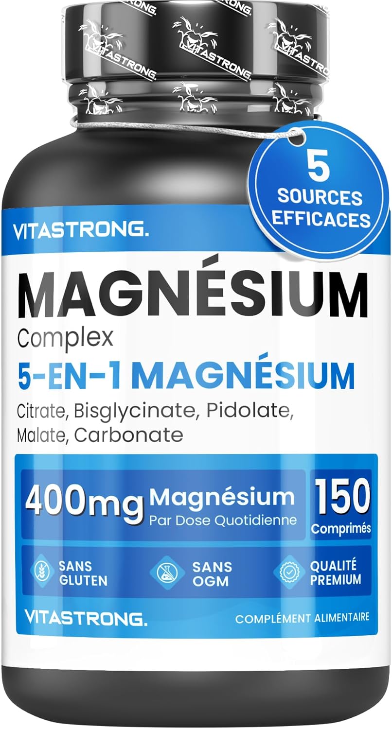 Magnésium Complexe 5 en 1, 400mg par Dose, 5 Sources de Magnésium Bisglycinate, Citrate de Magnesium, Malate, Pidolate, Carbonate, 150 Comprimés Magnesium Pur Sans Gluten, Qualité Premium Vitastrong