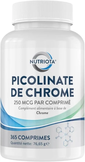 Complément alimentaire Picolinate de chrome 250 mcg - 365 Comprimés haute-concentration - Adapté aux végétaliens - Fabriqué au Royaume-Uni par Nutriota