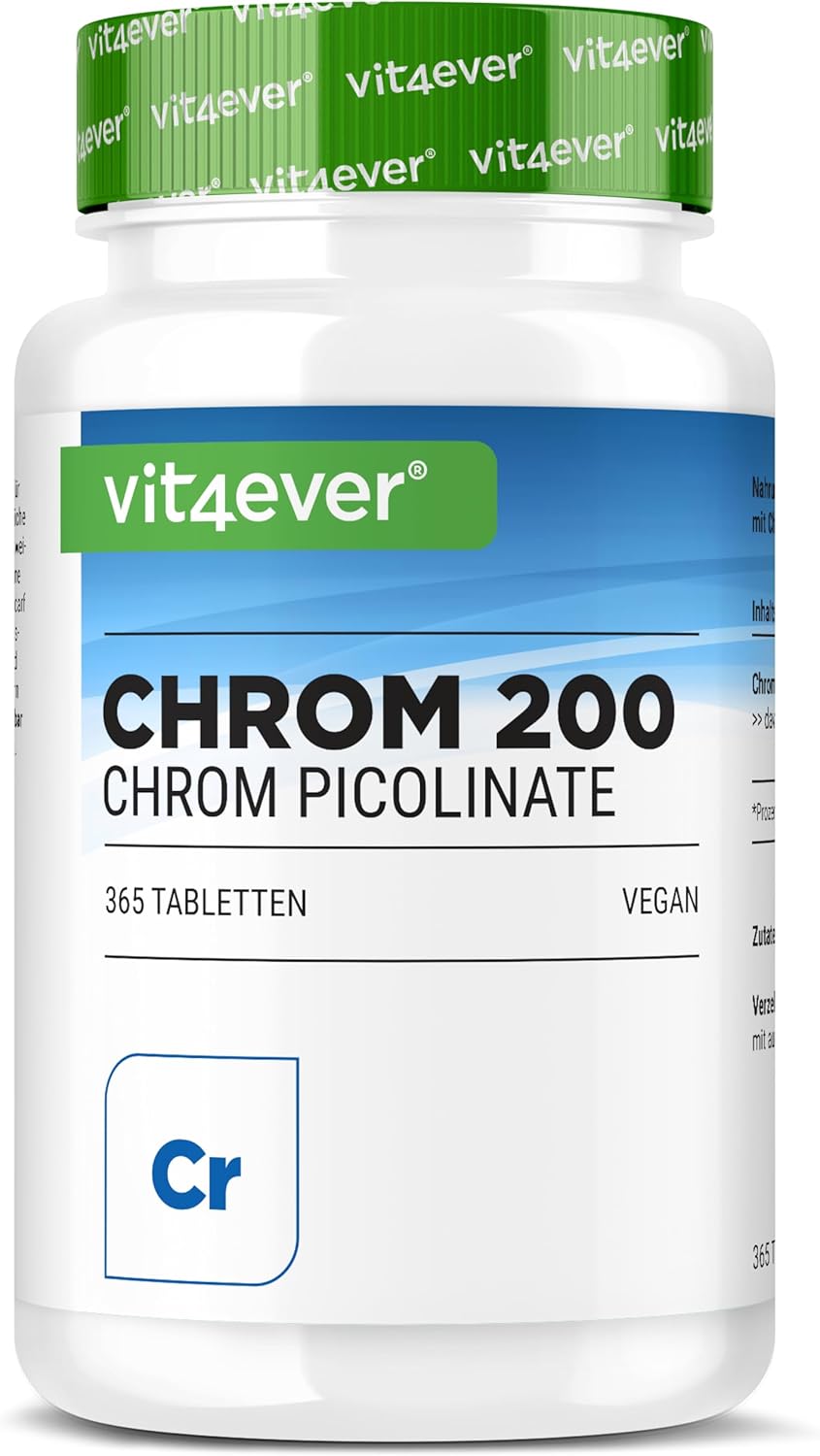 Picolinate de Chrome - 200 mcg de chrome pur par comprimé - 365 comprimés par an - Pur - Sans additif indésirable - Hautement dosé - Vegan