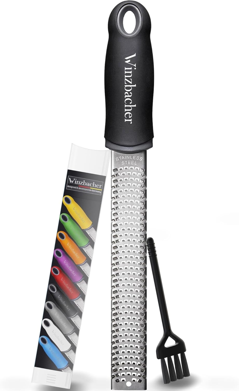 Winzbacher – Râpe Zesteur Premium - Râpe à Parmesan, Citron, Muscade, Gingembre - Lame en Acier Inoxydable Ultra-Tranchante - Passe au Lave-Vaisselle - Brosse de Nettoyage Incluse 1 - Midnight Black