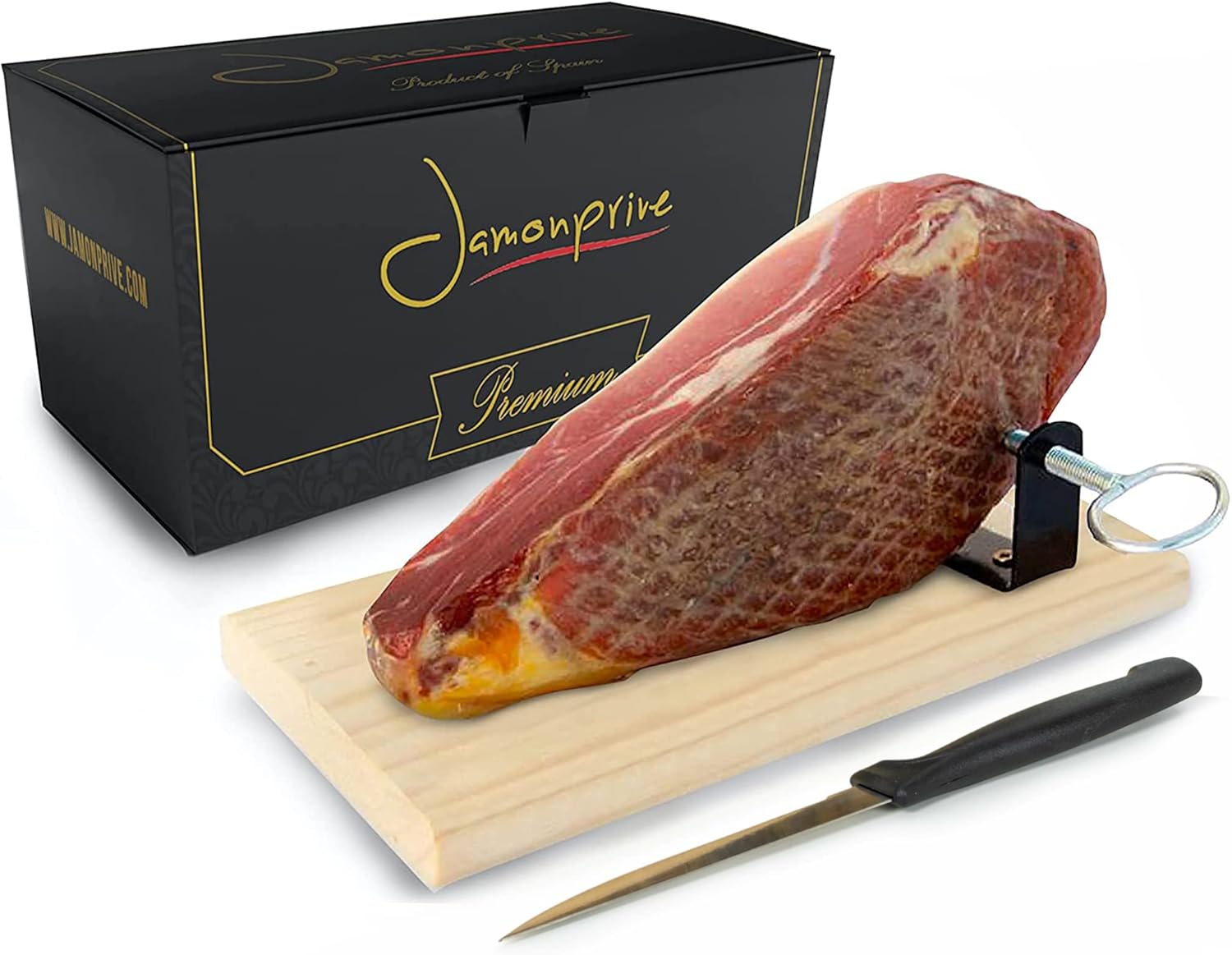 Jambon Serrano Cru Désossé (Jamon Serrano) + Support à Jambon + Couteau 1 Kg (Mini - Premium)
