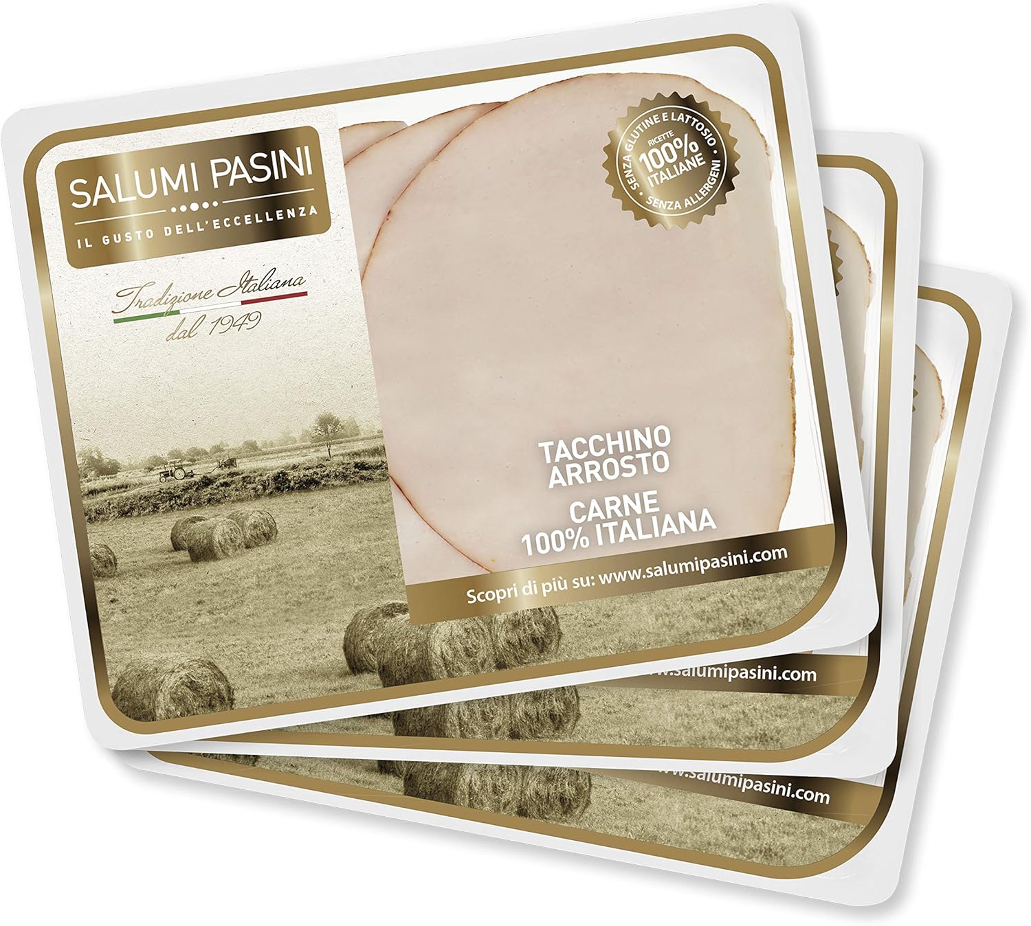 Arrosto di Tacchino Salumi Pasini® - Jambon de dinde tranché - La Tradizione - 3 barquettes - 90 gr chacune - 100% italien - Sans gluten et sans lactose