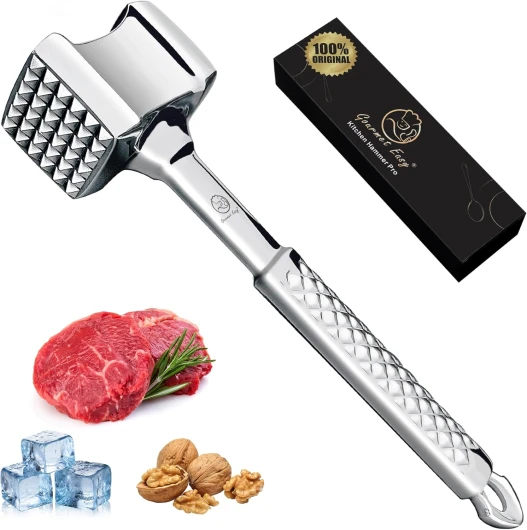 Attendrisseur de viande en inox - Marteau à viande professionnel double face, garantie 5 ans - Lavable au lave-vaisselle - Idéal pour les escalopes, côtelettes, steaks - Maillet par Gourmet Easy Original