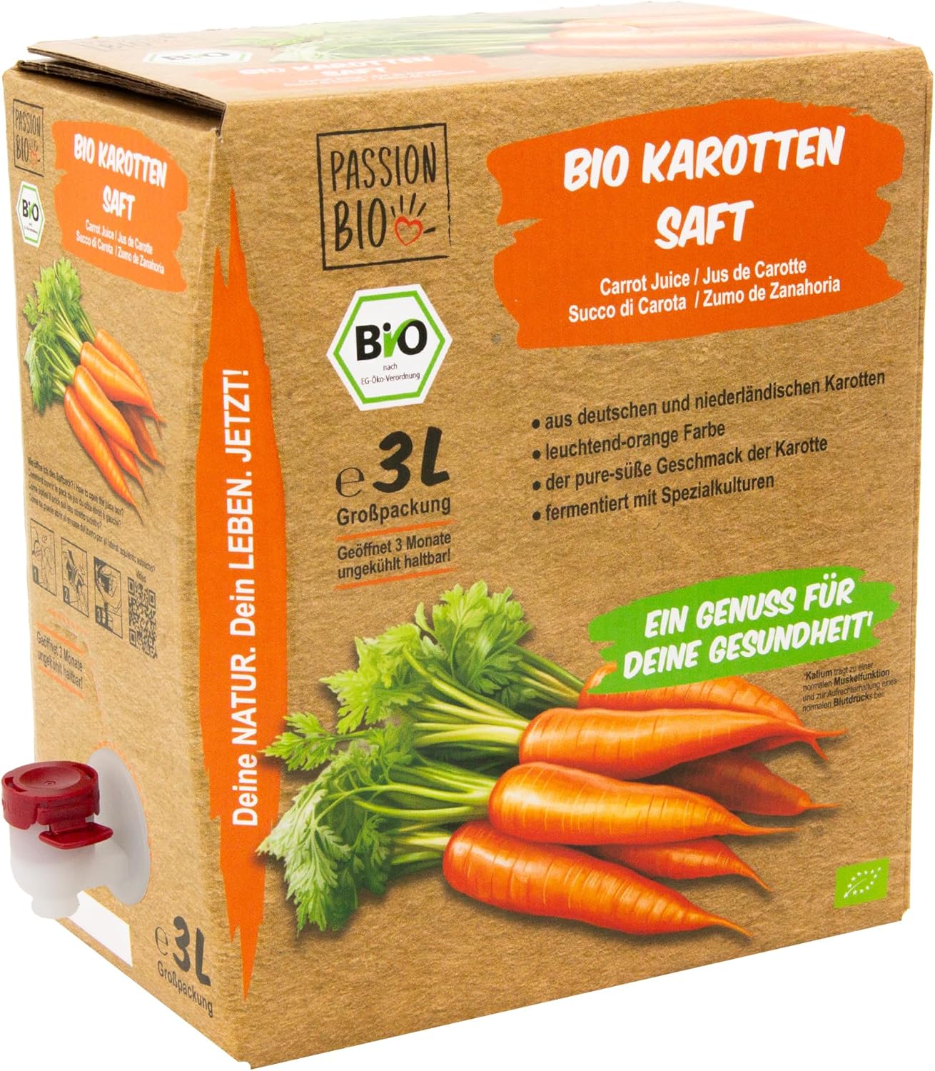 Jus de carotte bio, boîte de 3 litres - À base de carottes allemandes et néerlandaises - Végétalien, couleur orange vif, jus de légumes fermenté avec des cultures spécialisées.