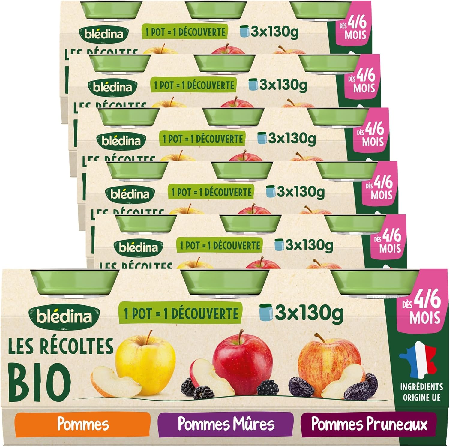 Bledina Les Récoltes Bio - 1 Pommes + 1 Pommes Mûres + 1 Pommes Pruneaux, Lot de 18 pots (6 x 3 pots de 130g) Pommes, Poires, Vanille