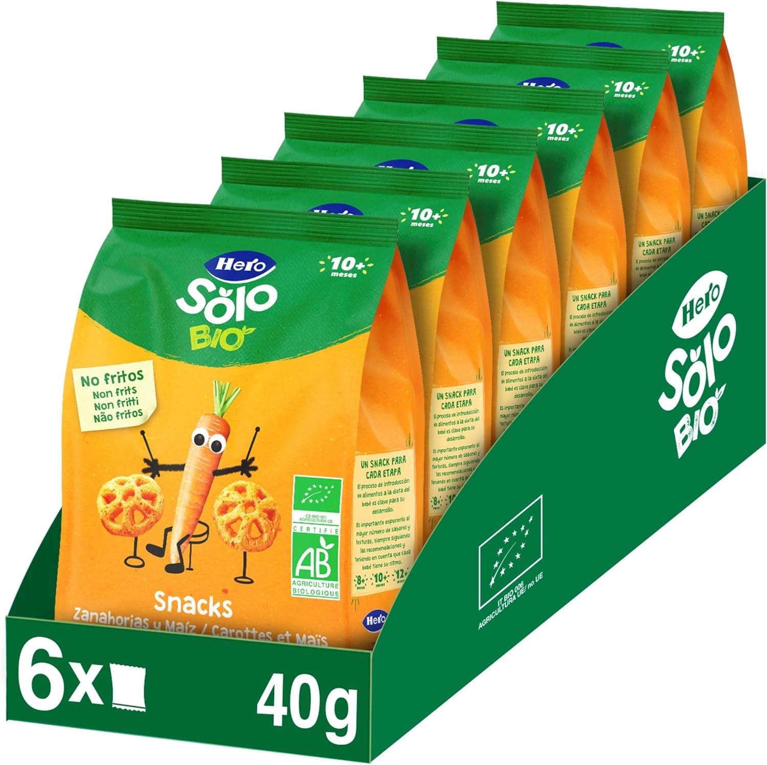 Hero Solo BIO - Snack Carotte et Mais Biologiques - pour Bébés Des 10 Mois - non Frits, 100% Naturels, Sans Gluten, ni Conservateurs ni Colorants et Sans sel Ajouté - Lot de 6 X 40 g