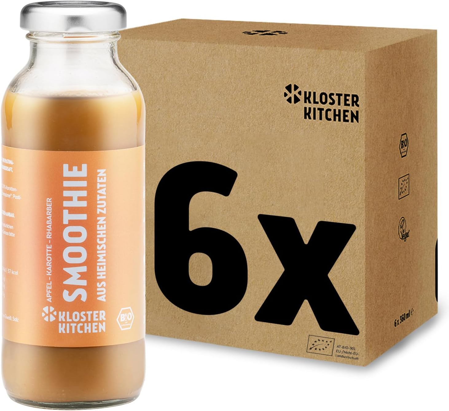 Smoothie bio jaune de Kloster Kitchen Pomme Carotte Rhubarbe 6x 250 ml I Superfood pour le petit-déjeuner vegan I Bouteille en verre à emporter I Superaliment à base d'ingrédients locaux