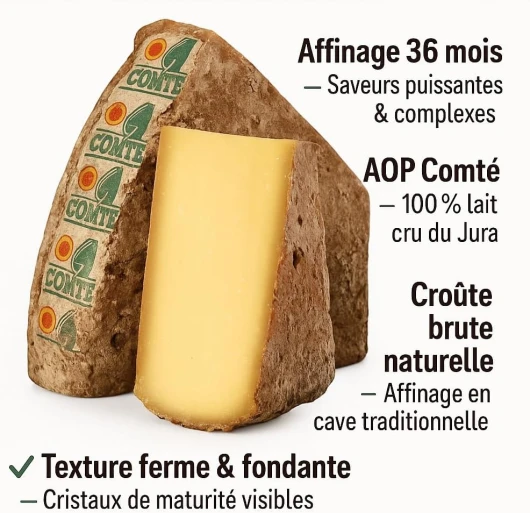 Comté d'été AOP Vieux - 500gr - 36 mois d'affinage - fabrication artisanale - Pâte jaune avec cristaux et saveur noisette intense