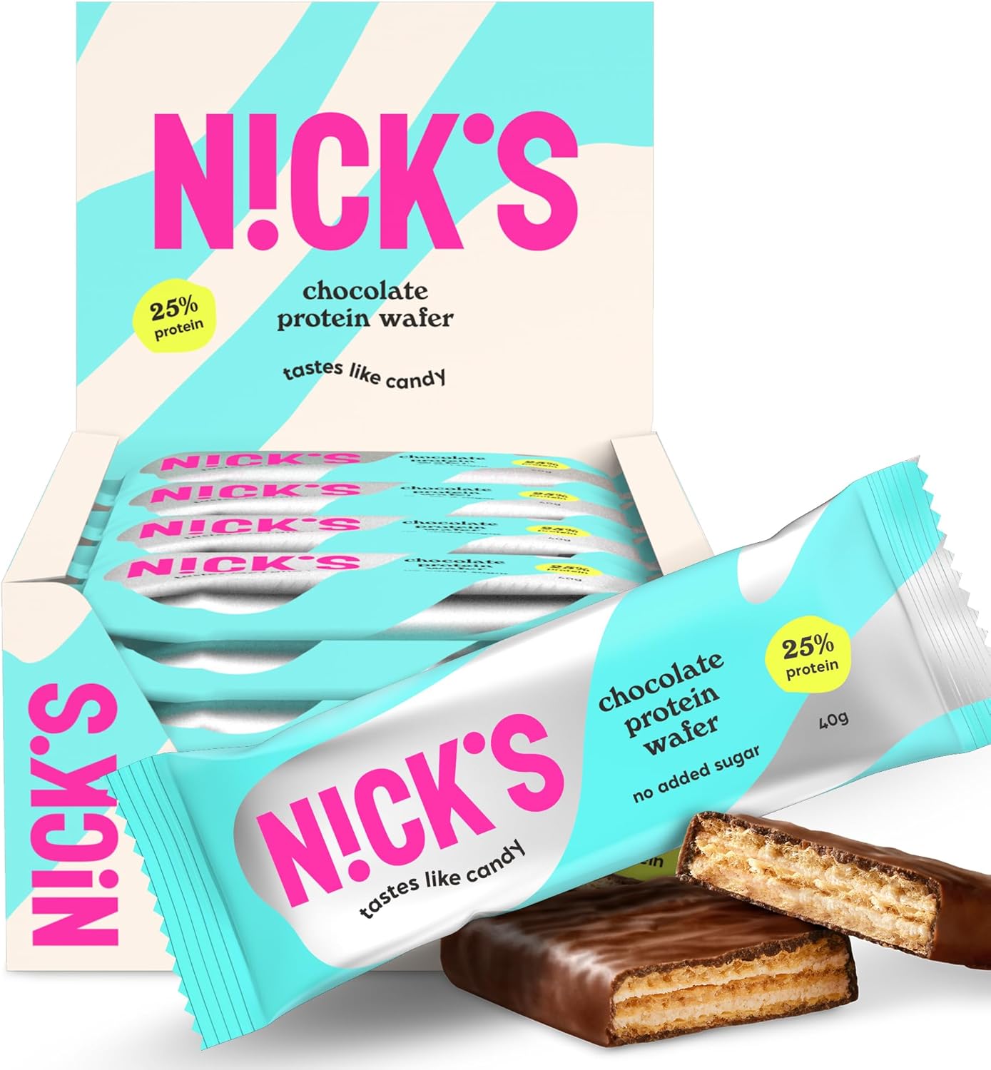 NICKS Barre protéinée Sans Sucres Ajoutés, Gaufrette proteinée, Biscuit Lowcarb, Sans Gluten - 25% de protéines - 198 calories - Chocolat, 40 g X 24 Chocolat 40 g (Lot de 24)