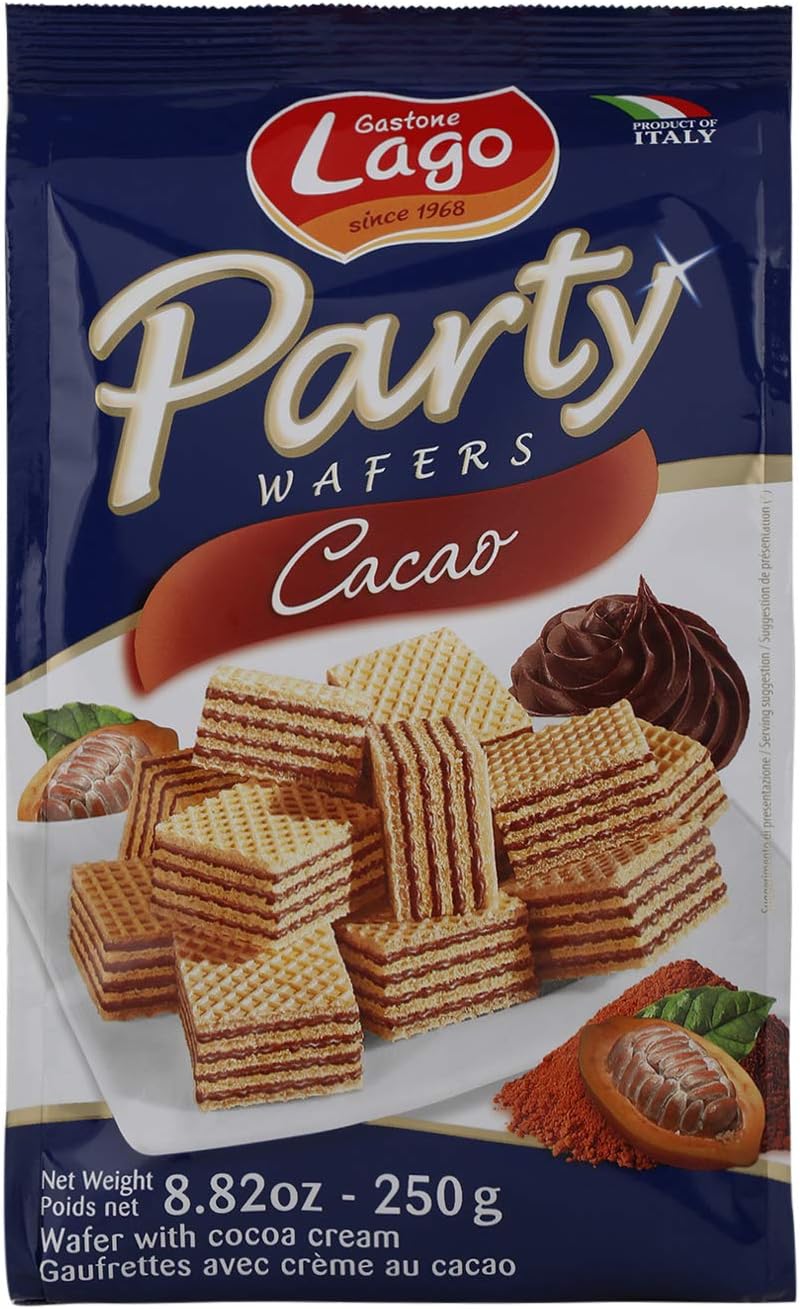 LAGO, Party Cacao 250 g, Wafer avec crème cacao 74% avec 5 couches Friables de gaufrer et une crème chocolat Velourtée