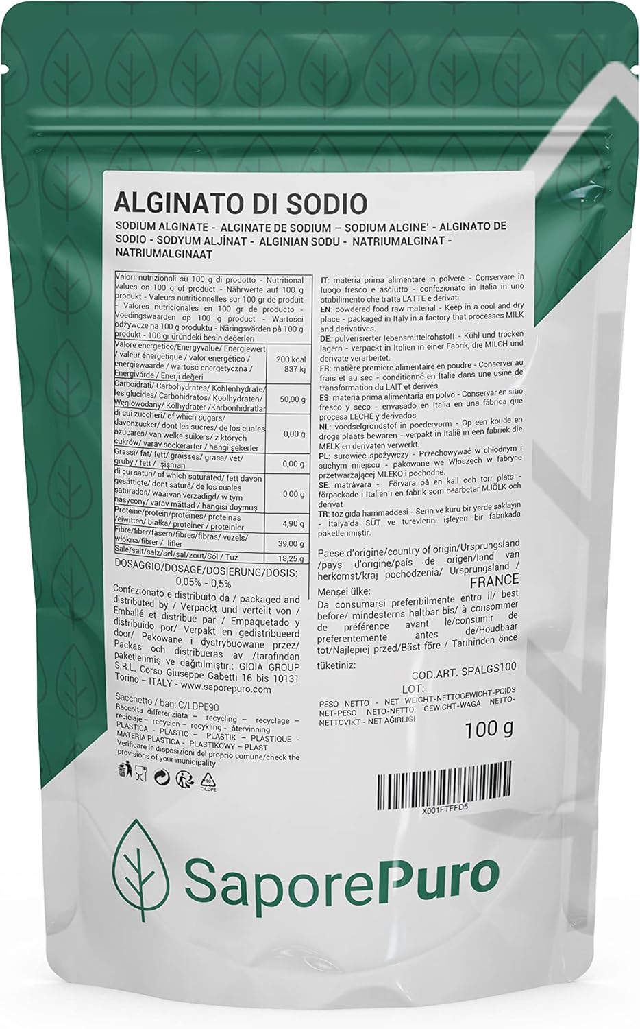 Saporepuro ALGINATE DE SODIUM 100 gr - épaississant et gélifiant - Haute Qualité alimentaire 100 g (Lot de 1)