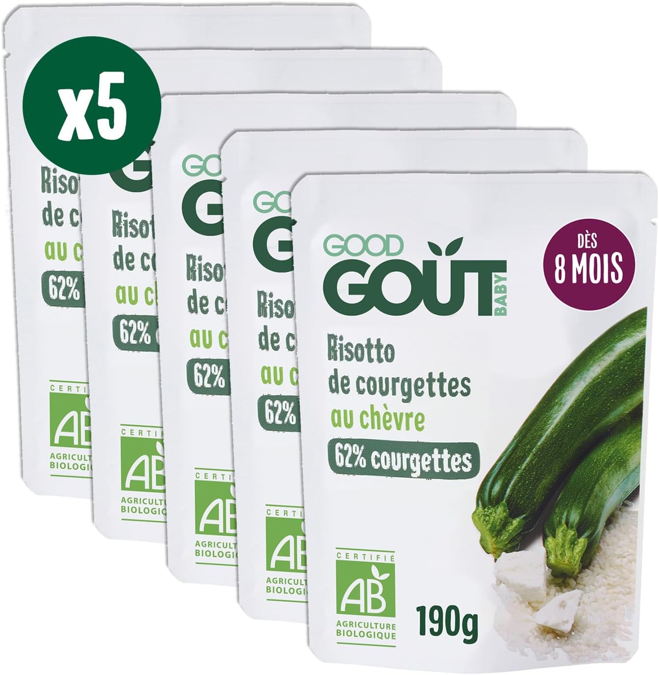 GOOD GOÛT - Risotto De Courgettes Au Chèvre - Plat Cuisiné Pour Bébé - Dès 8 Mois - Purée Moulinée - Fabriqué En France - Sachets Micro-Ondables - 5x190g 190 g (Lot de 5) Risotto courgettes chèvre