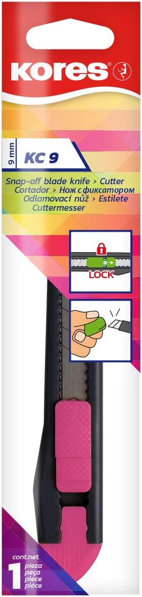 KC9 - Cutter en Plastique 9 mm, Lame en Acier au Carbone Sécable à Verrouillage Manuel, pour la Maison, le Bureau et les Loisirs Créatifs, Paquet de 1 en Couleurs Assorties