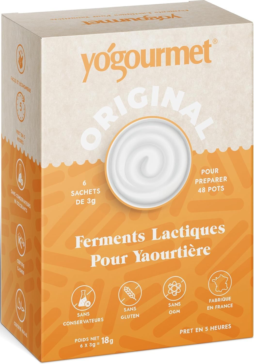 Ferments Yaourt 48 Pots (6 Sachets = 6 Litres) - Faites du yaourt à la maison - Naturel, sans gluten, casher, halal 6 Sachet (Boîte)