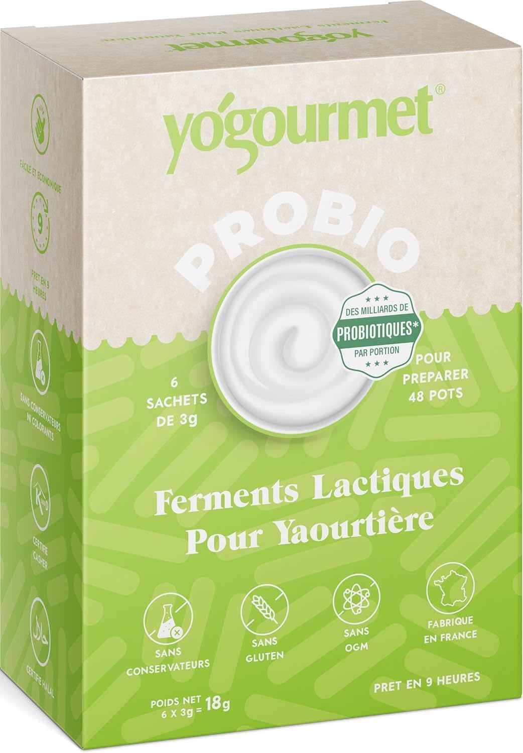 Ferments Yaourt avec Probiotiques 48 Pots (6 Sachets = 6 Litres) - Faites du yaourt à la maison - Naturel, sans gluten, casher, halal 6 Sachet (Boîte)