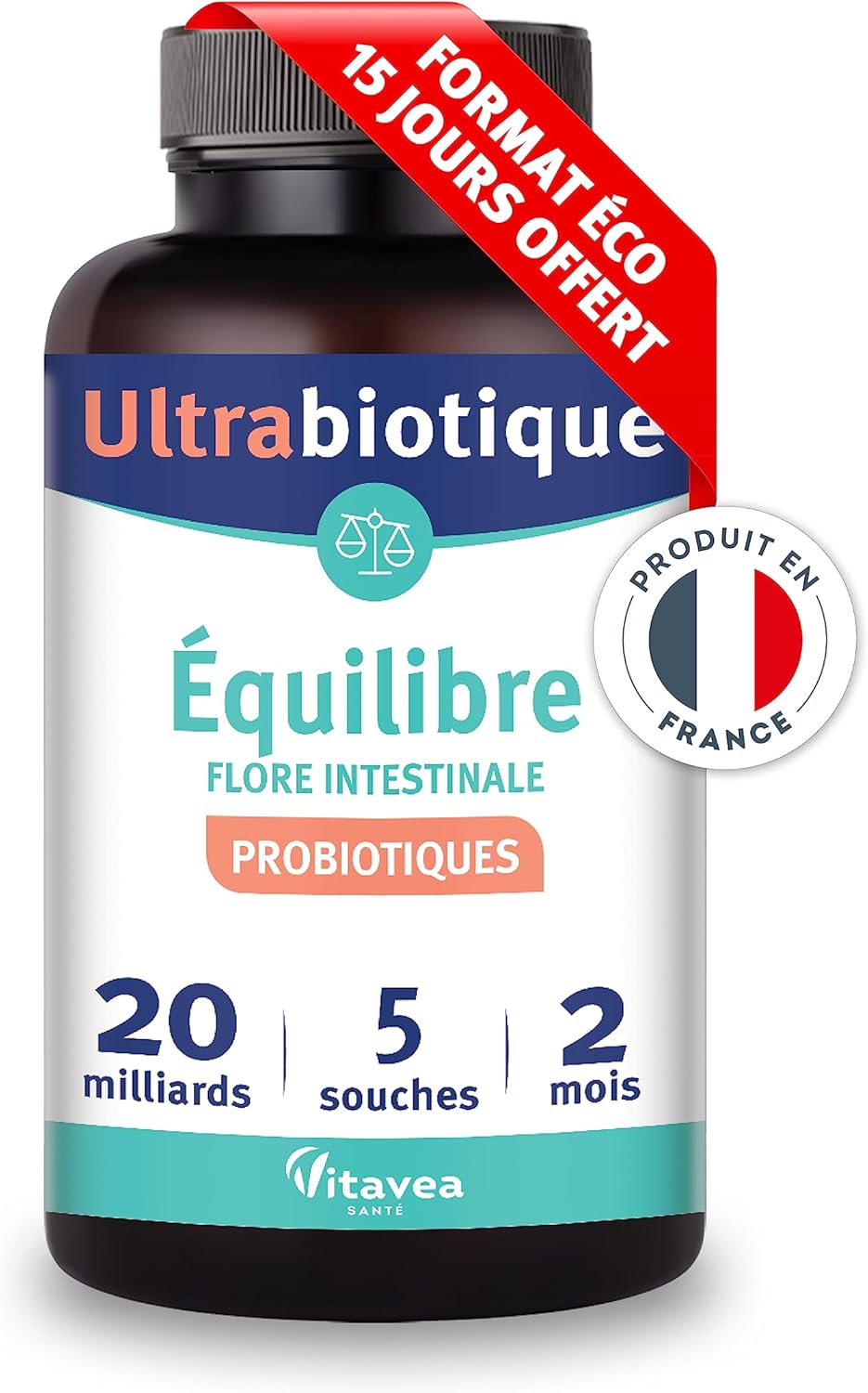 Ultrabiotique - Probiotique Flore Intestinale, Equilibre du Microbiote, Digestion - Ferments Lactiques - Lactobacillus & Bifidobacterium - 5 souches - 60 gélules - 2 mois-Fabriqué en France