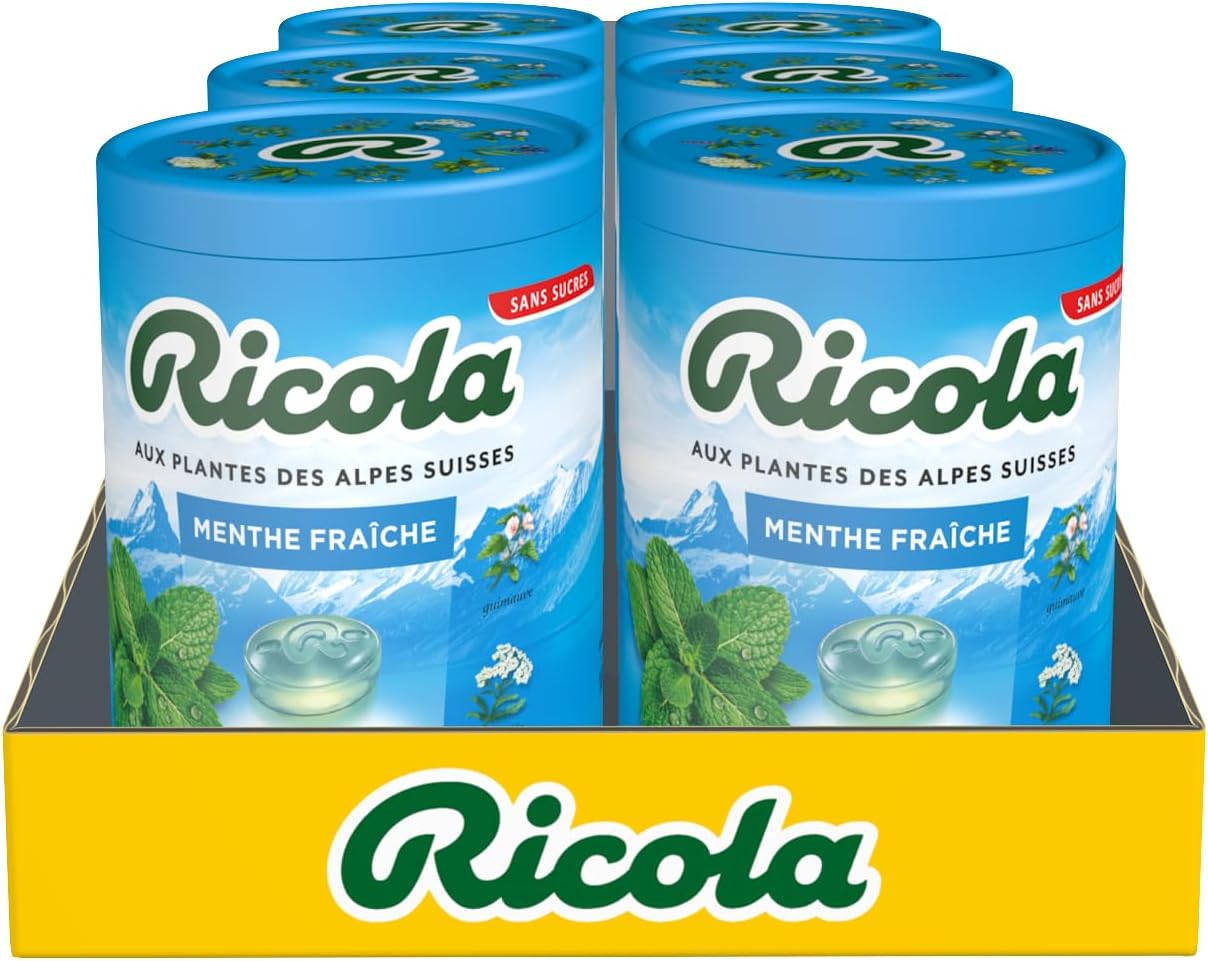 Bonbons aux Plantes Suisses - Parfum Menthe Fraiche - Sans Sucres - 6 bottles de 100g