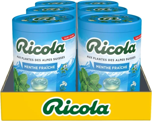 Bonbons aux Plantes Suisses - Parfum Menthe Fraiche - Sans Sucres - 6 bottles de 100g