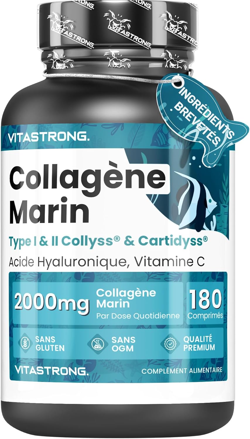 Collagene Marin, Acide Hyaluronique, Vitamine C, 180 Comprimés, Collagène Hydrolysé de Type 1&2 Collyss Cartidyss, Supplément de Collagene Marin Acide Hyaluronique avec Vitamin C, Qualité Vitastrong