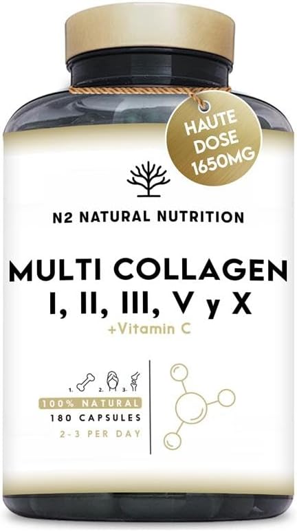 Multi Collagène Marin et Bovin 1650mg - 180 Gélules - Peptide de Collagene Hydrolysé Type 1, 2, 3, 5, 10 - Complexe Collagene pour la Peau, Articulations et Cheveux + Vitamine C - N2 Natural Nutrition Multi Collagene