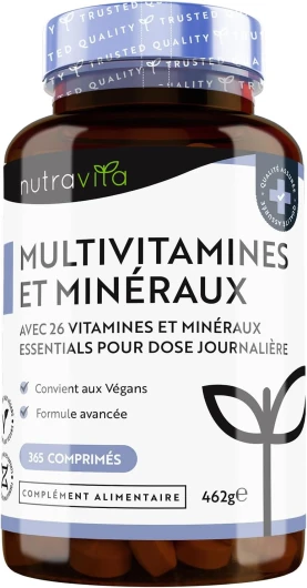Multivitamines et Minéraux - 365 Comprimés (12 Mois) 26 Nutriments dont Zinc Fer Selenium Vitamine C A B D3 E K - Vitamines, Minéraux et Compléments Vegan Haute Absorption - Nutravita 365 unité (Lot de 1)