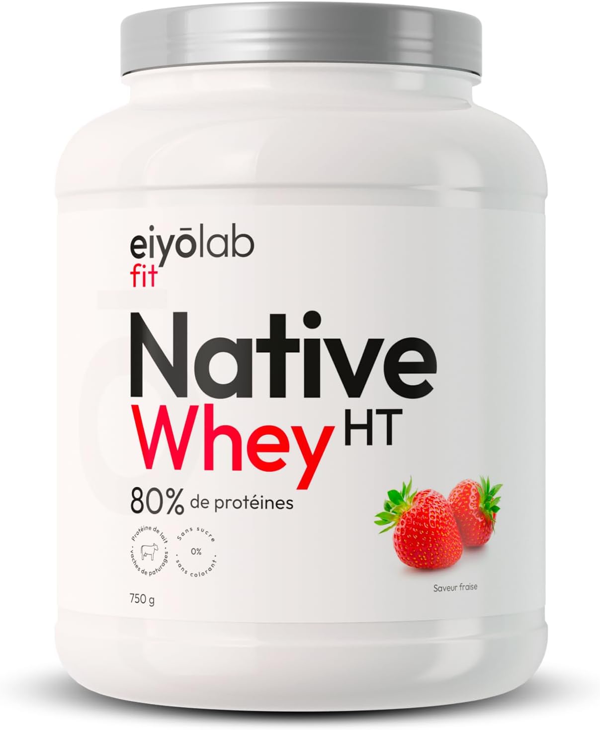 WHEY NATIVE HT - 80% de protéines - 100% Lactosérum Natif Non Dénaturé - Riche en BCAA - Proteines Musculation Rapide - Digestibilité Optimale - Texture Onctueuse Goût Fraise - 750g - Eiyolab Fraise 750g