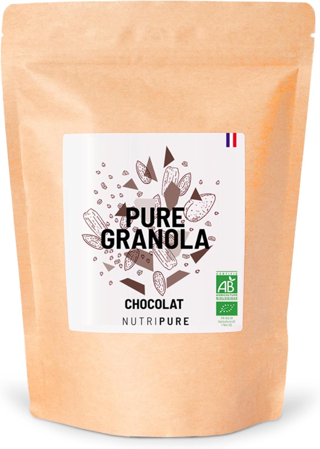 Pure Granola Bio - Muesli Vegan Pépites de Chocolat Noir - Cru, Sans Conservateur, Sans Gluten ni Sucre Ajouté - Artisanal - Riche en protéines et fibres - 350g