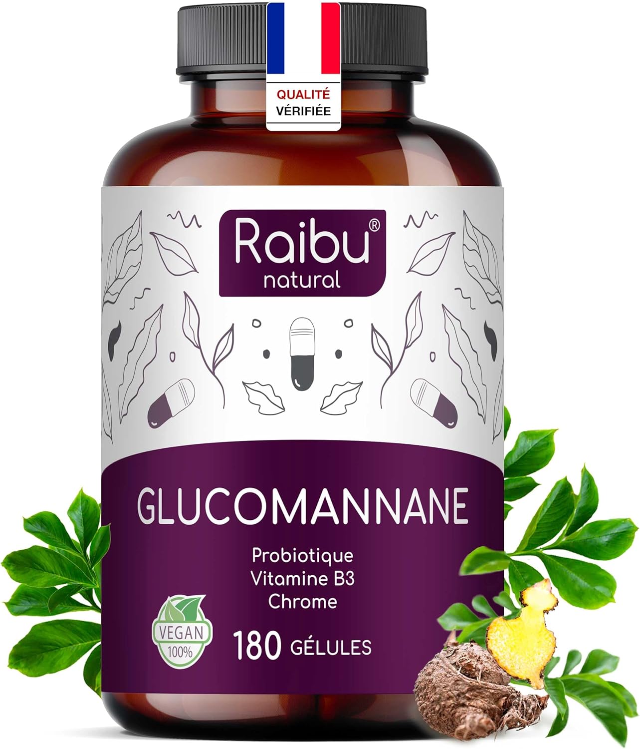 Glucomannane Konjac Pur, 4100mg par Jour, 180 gélules - Pure 95% de Fibre Konjac, avec Probiotique, Chrome et Vitamine B3 - Haute viscosité, haute satiété, Raibu