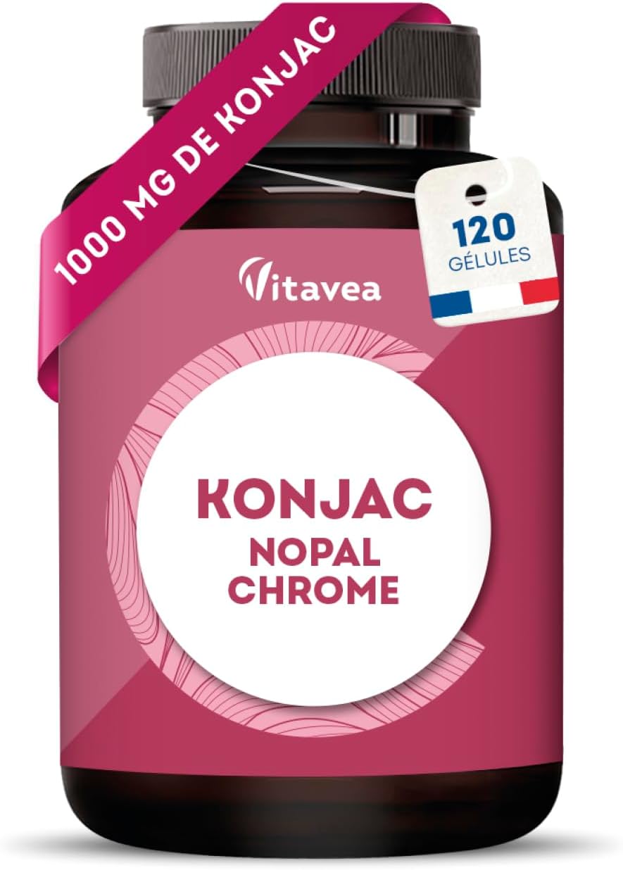 Konjac Gélules - 95% de Glucomannane - Avec Chrome & Nopal Régulation de l’appétit, Equilibre du Métabolisme - Maintien d’une Glycémie Normale - 120 gélules Vegan - Fabriqué en France - Vitavea