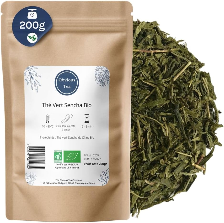 Thé Vert Sencha de Chine Bio - Thé Vegan en Vrac, 100% Naturel, Sans OGM - Agriculture Biologique - Conditionné en France - Sachet 200 gr (100 Tasses) 200GR (100 tasses)