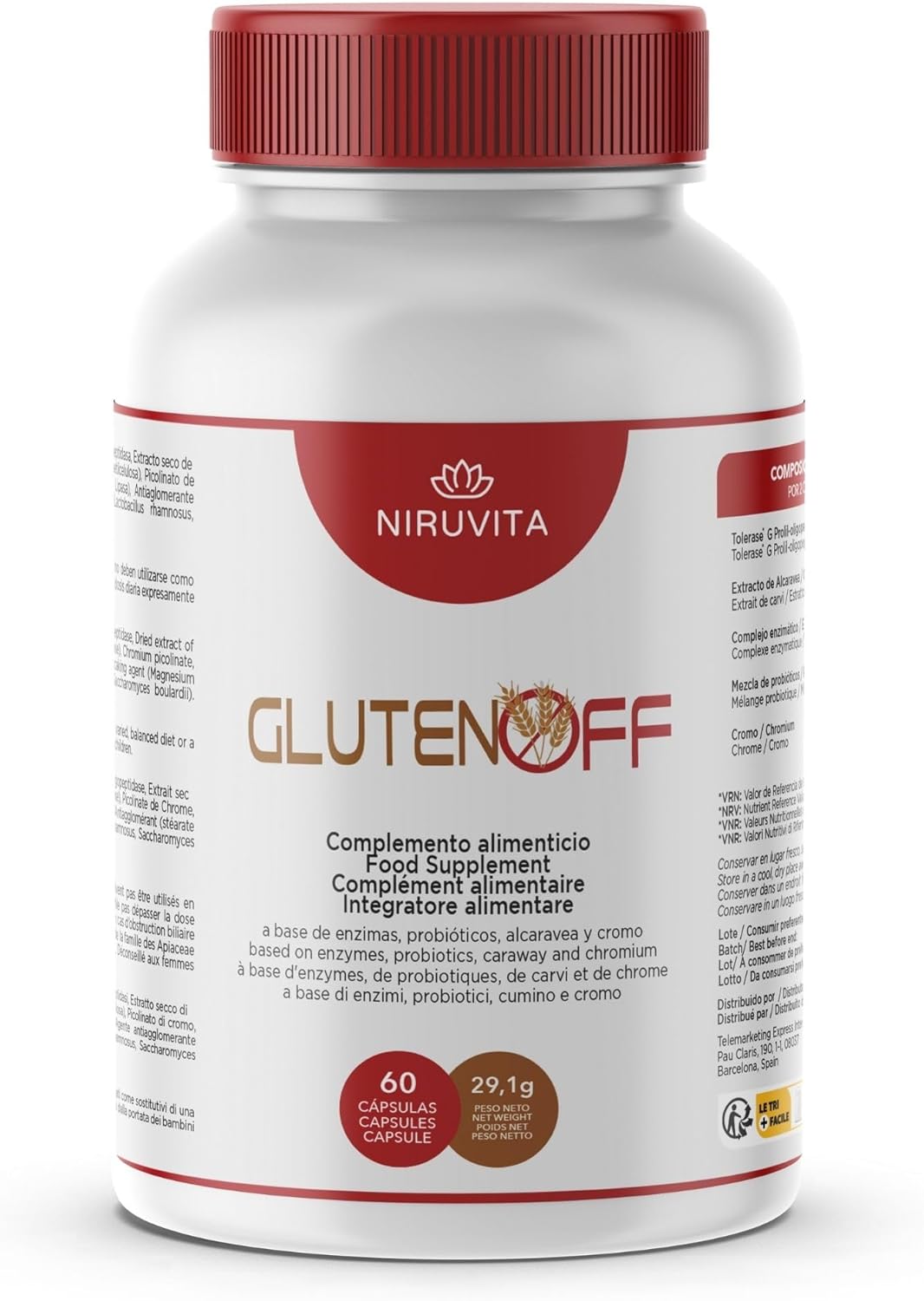 NIRUVITA - Sans gluten - Complément alimentaire - Optimise la digestion et améliore l'absorption des nutriments -Avec enzymes, probiotiques, carvi et chrome - Flore intestinale équilibrée - 60 Gélules